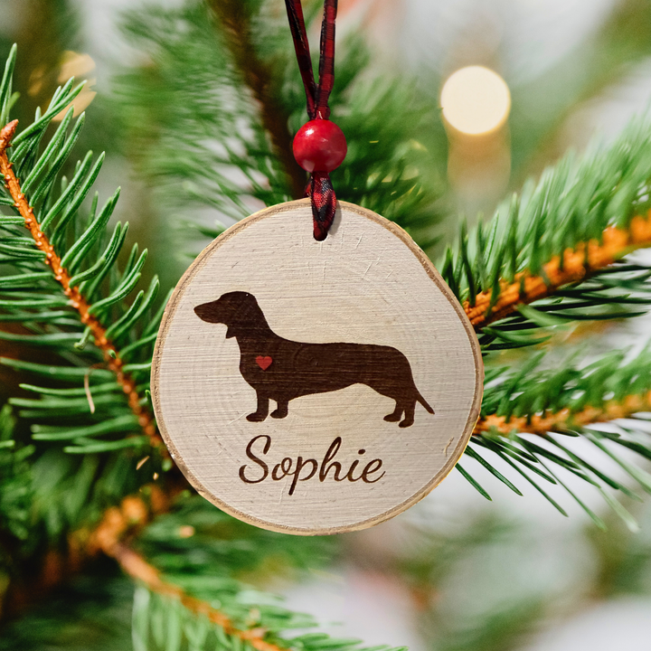 Personalized Dog Ornament – Laser Engraved Birch Wood with Dog Silhouette & Name