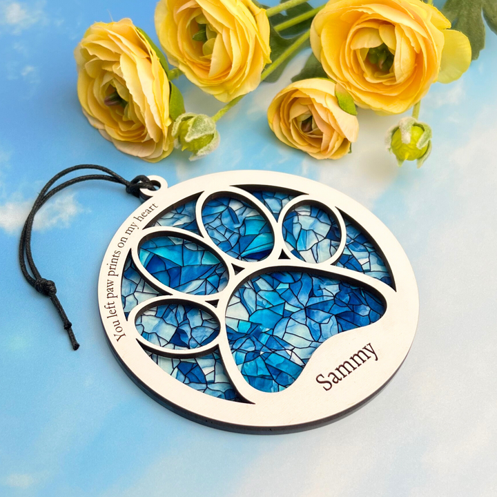 Pet Memorial Suncatcher, Paw Design - White and Blue Mosaic