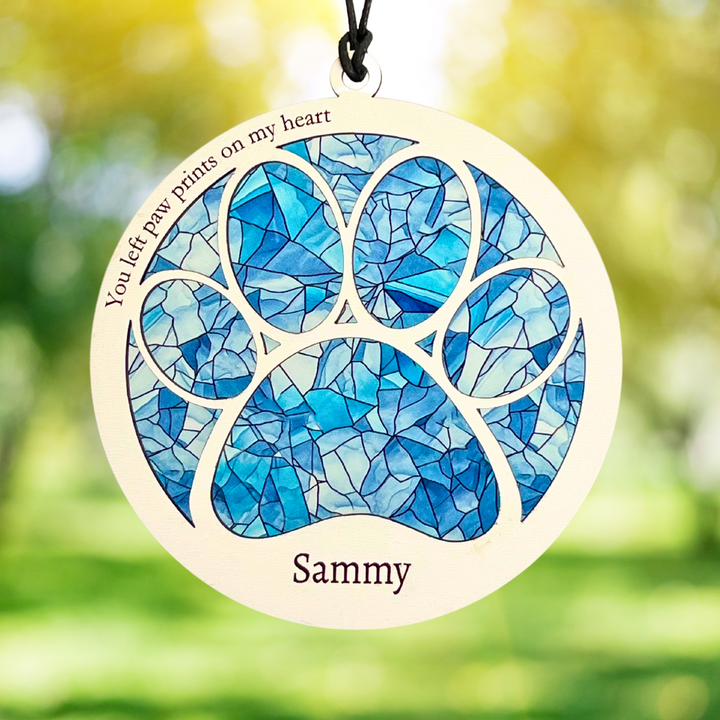 Pet Memorial Suncatcher, Paw Design - White and Blue Mosaic