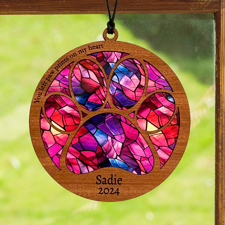 Pet Memorial Suncatcher, Paw Design - Dark Wood Mosaic Background