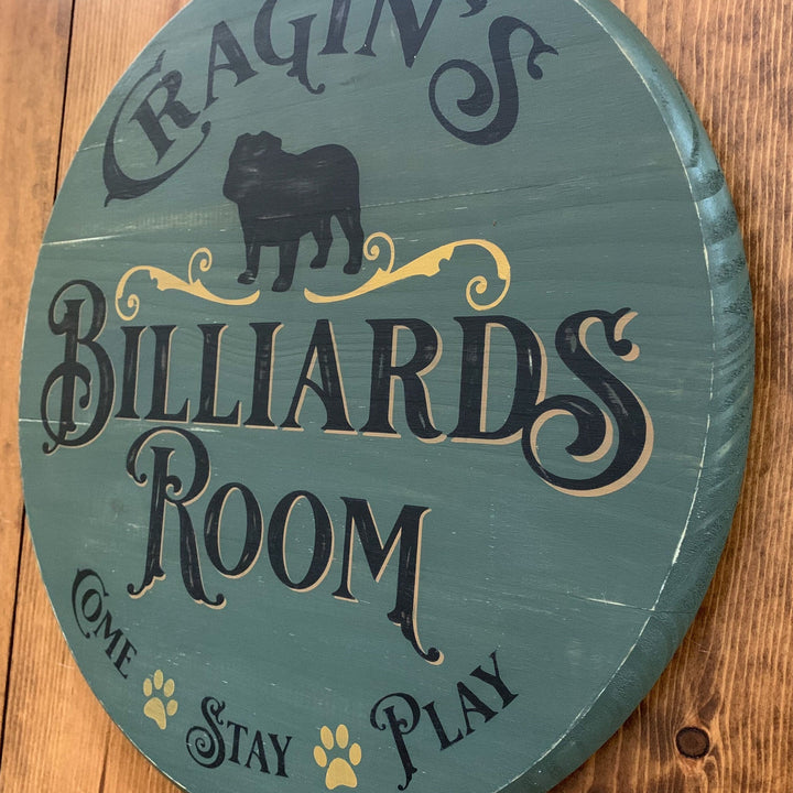 Billiards Room Sign | 18" Round | Hand Painted | Personalized with your Dog Breed, Name | Perfect Man Cave Gift | Pool Room | Game Room