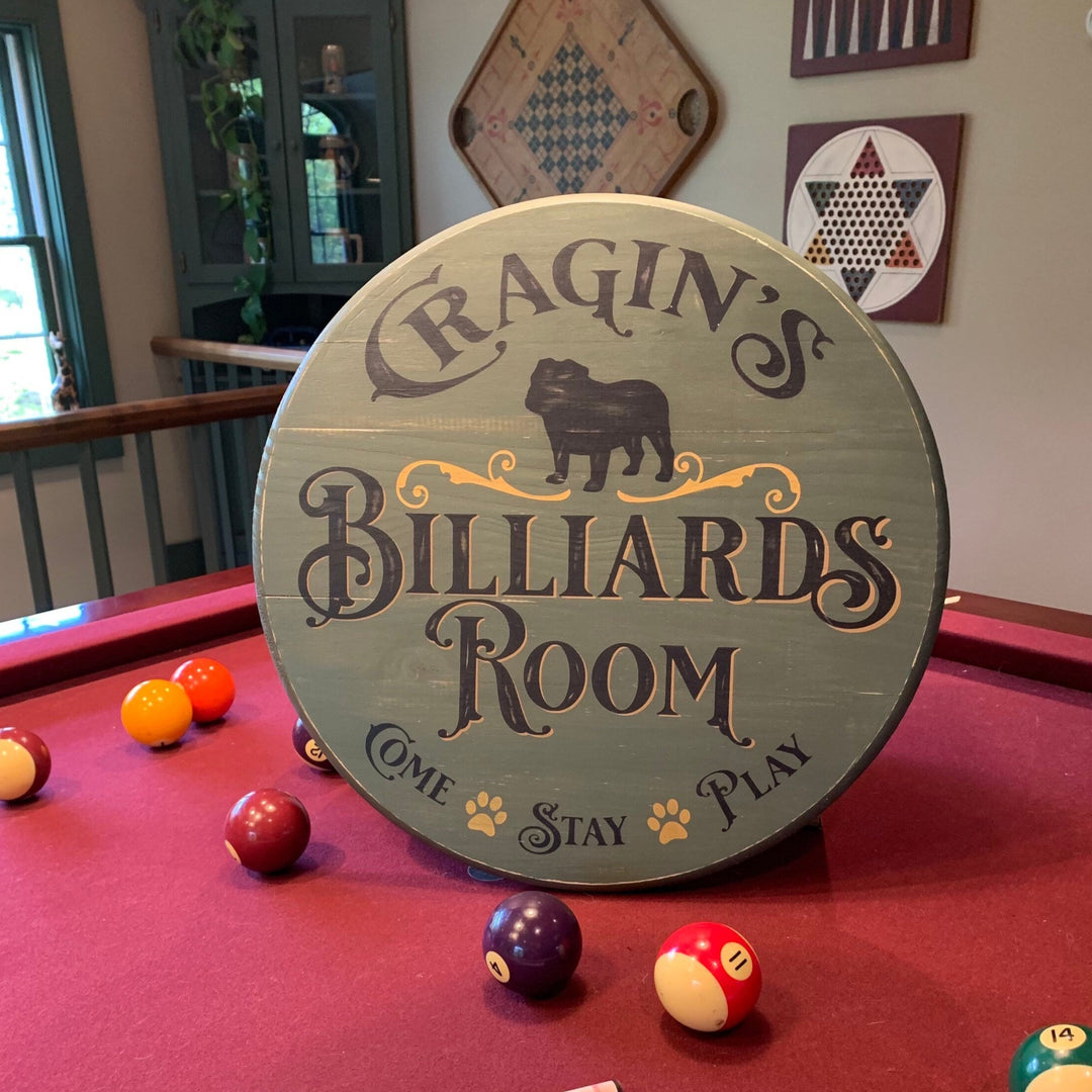Billiards Room Sign | 18" Round | Hand Painted | Personalized with your Dog Breed, Name | Perfect Man Cave Gift | Pool Room | Game Room