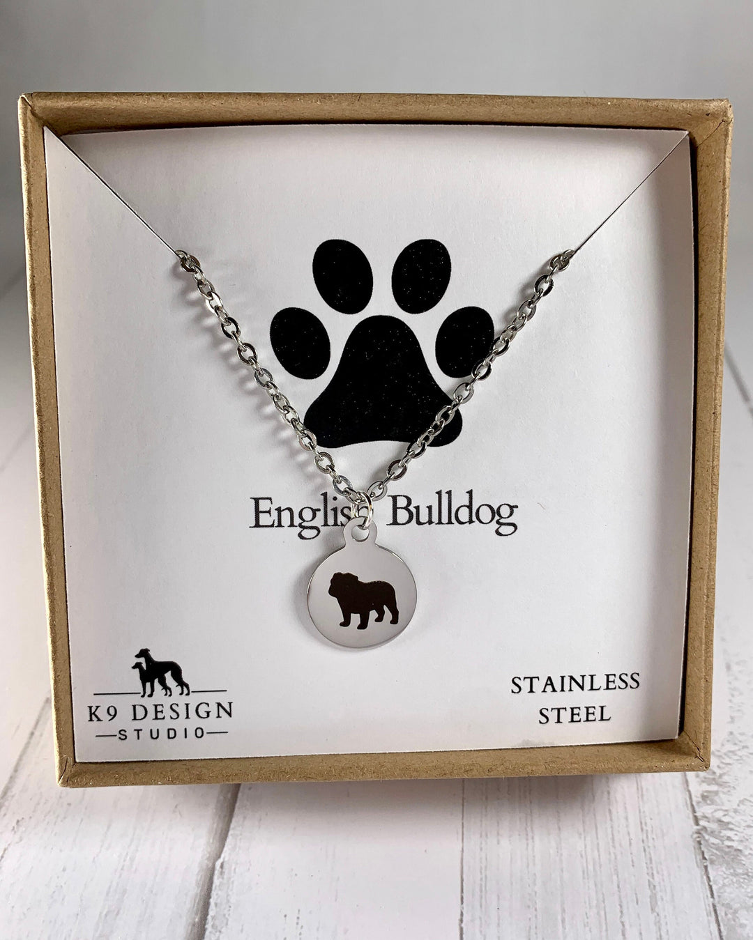 English Bulldog Necklace | Simple Charm Style on 18" necklace | Stainless Steel