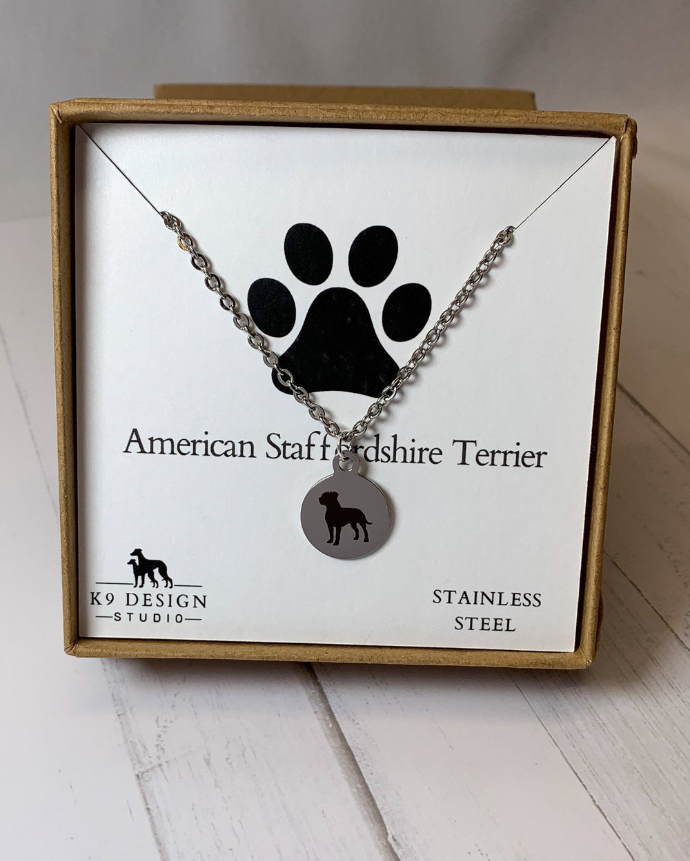American Staffordshire Terrier Necklace | Pitbull | Simple Silhouette | Charm Style on 18" Necklace | Stainless Steel | Laser Engraved