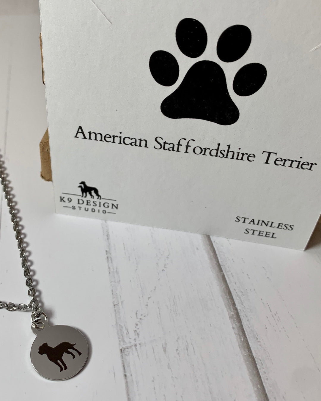 American Staffordshire Terrier Necklace | Pitbull | Simple Silhouette | Charm Style on 18" Necklace | Stainless Steel | Laser Engraved