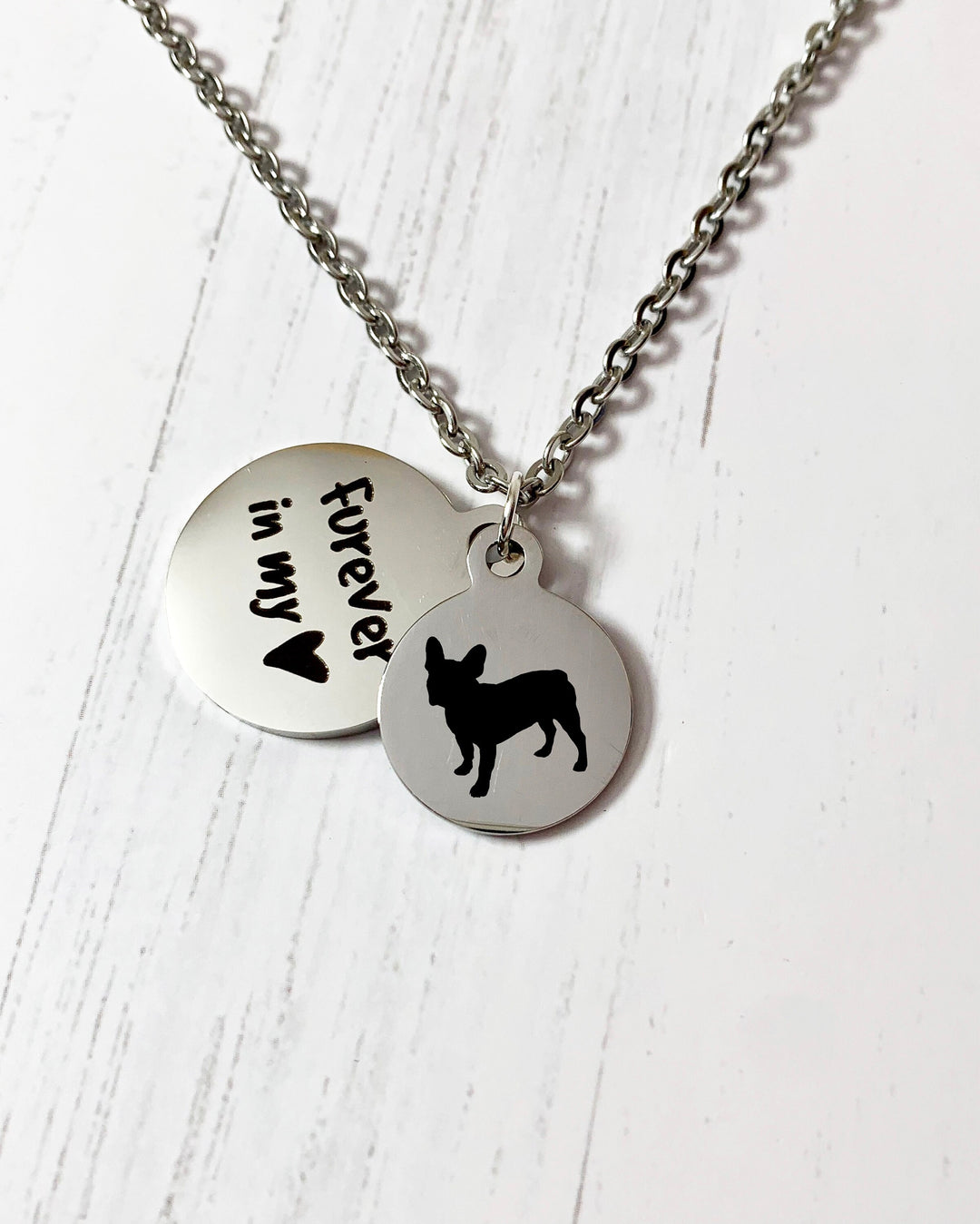 French Bulldog Necklace | Frenchie | Breed Silhouette and Quote Charm "Furever In My Heart" | Personalized Packaging | Pet Loss | In Memory