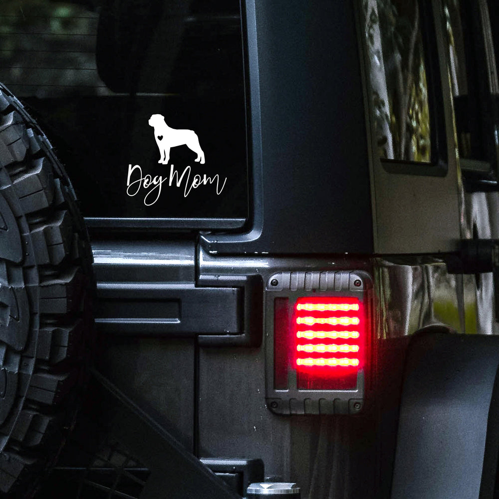 DOG MOM Auto Decal | Over 400 Breeds Available | Permanent Outdoor Vinyl | 4"x4" | White Matte Car Decal | Rottweiler