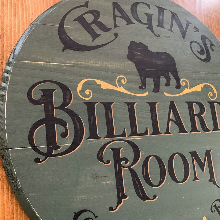 Billiards Room Sign | 18" Round | Hand Painted | Personalized with your Dog Breed, Name | Perfect Man Cave Gift | Pool Room | Game Room