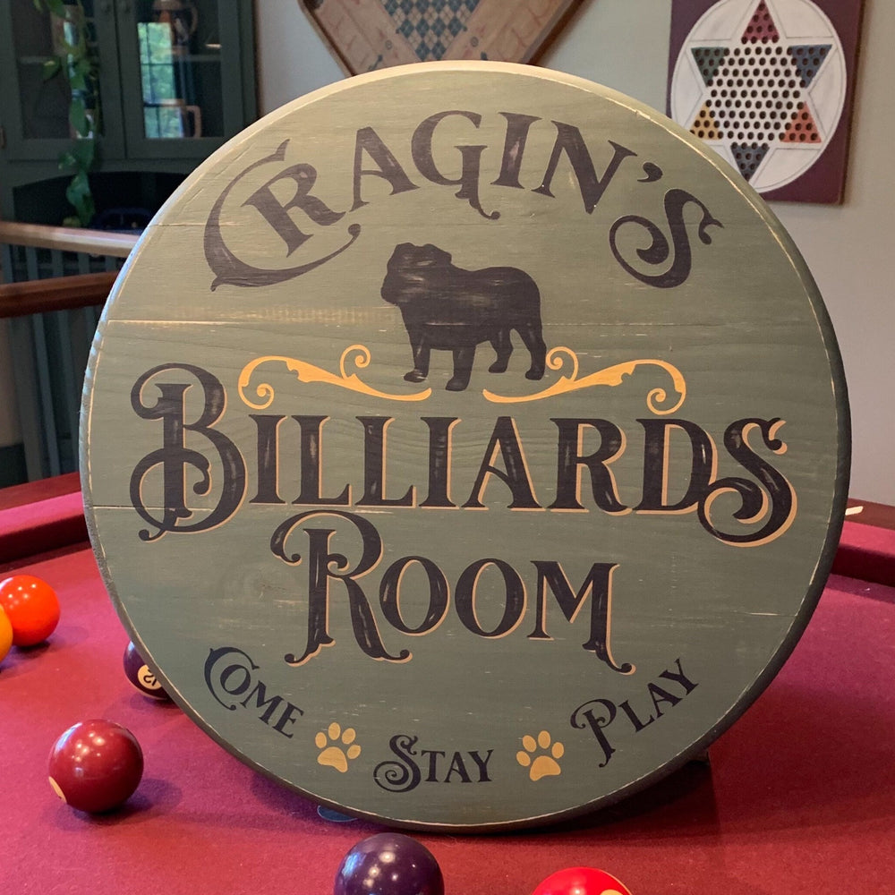 Billiards Room Sign | 18" Round | Hand Painted | Personalized with your Dog Breed, Name | Perfect Man Cave Gift | Pool Room | Game Room