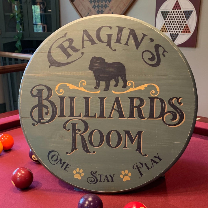 Billiards Room Sign | 18" Round | Hand Painted | Personalized with your Dog Breed, Name | Perfect Man Cave Gift | Pool Room | Game Room