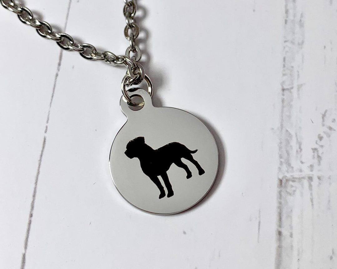 American Staffordshire Terrier Necklace | Pitbull | Simple Silhouette | Charm Style on 18" Necklace | Stainless Steel | Laser Engraved