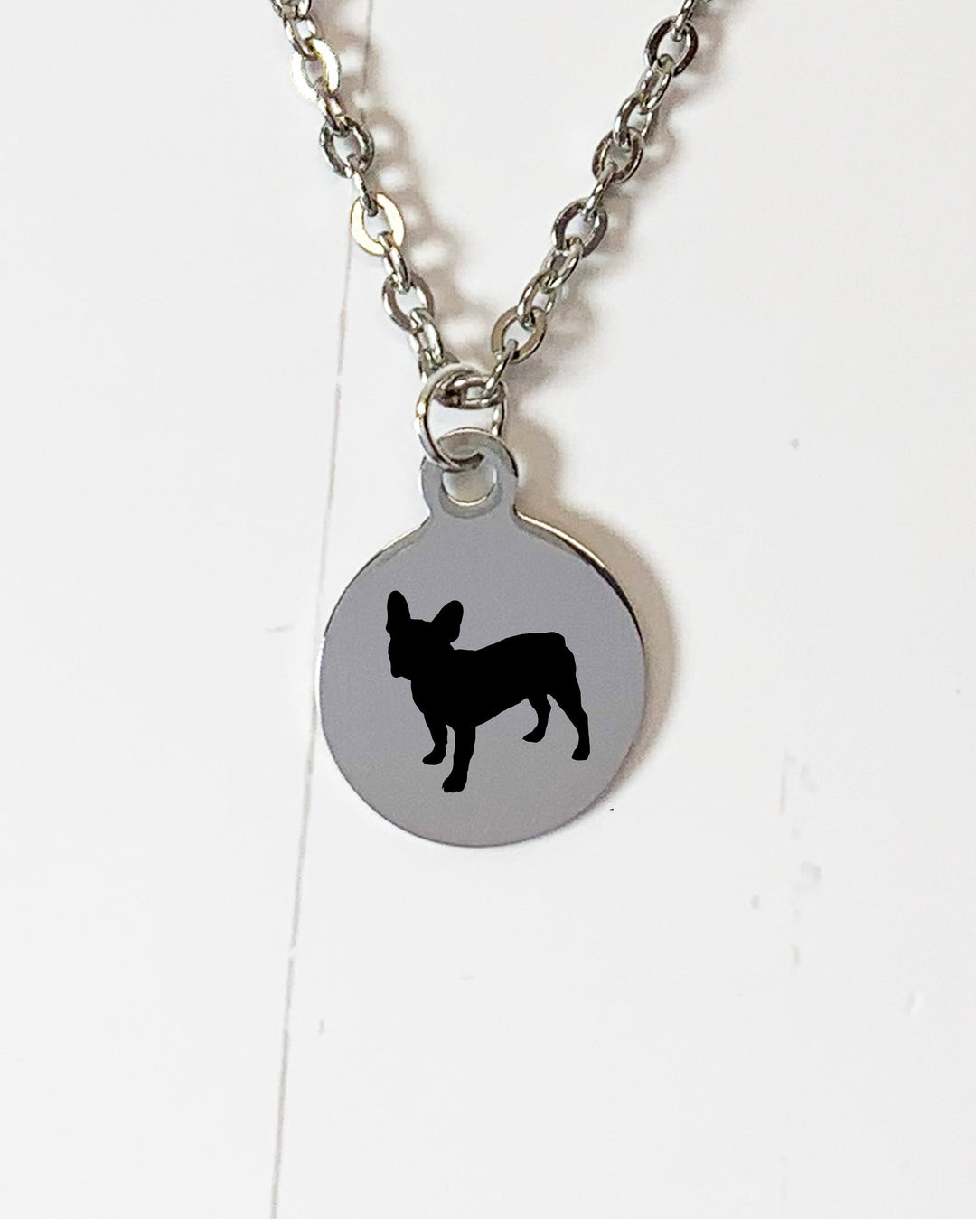 French Bulldog Necklace | Simple Silhouette | Charm Style on 18" Chain | Stainless Steel | Laser Engraved