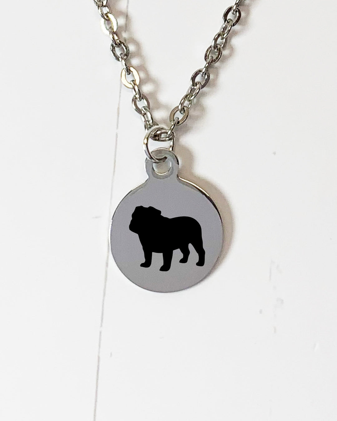 English Bulldog Necklace | Simple Silhouette | Charm Style on 18" Chain | Stainless Steel | Laser Engraved