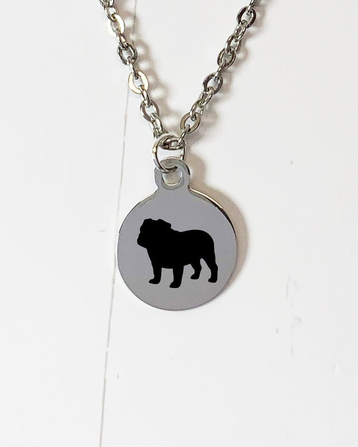 English Bulldog Necklace | Simple Silhouette | Charm Style on 18" Chain | Stainless Steel | Laser Engraved