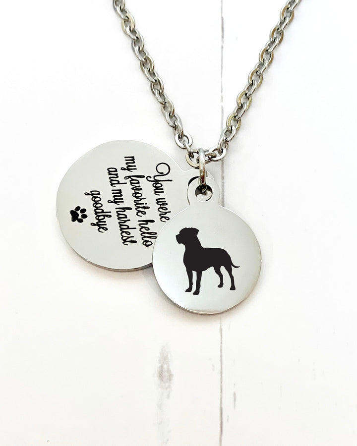 Pit Bull Memorial Necklace | Breed Silhouette and Quote Charm "You were my favorite hello and my hardest goodbye" | Pet Loss