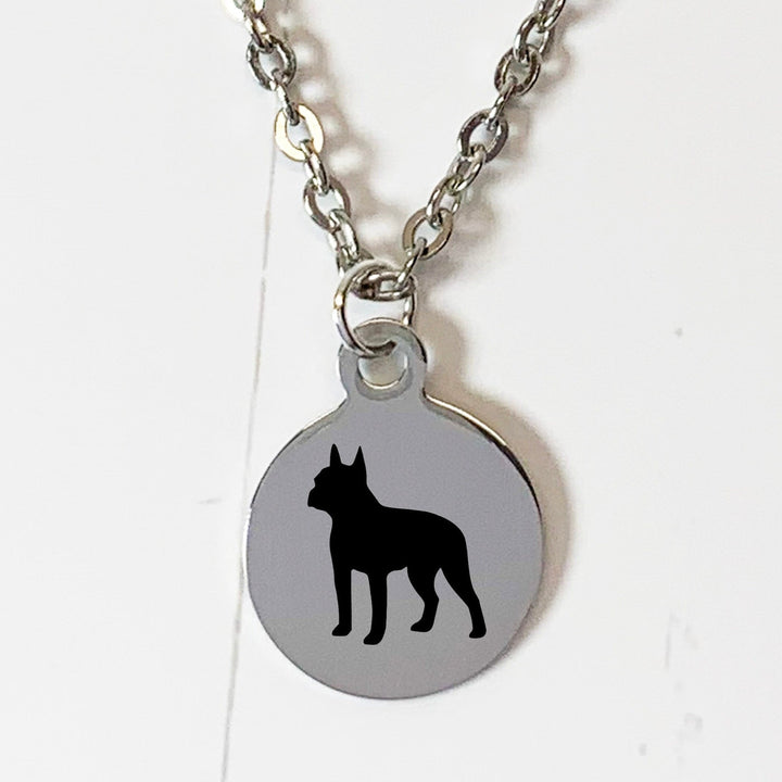 Boston Terrier Necklace | Simple Silhouette | Charm Style on 18" Chain | Stainless Steel | Laser Engraved