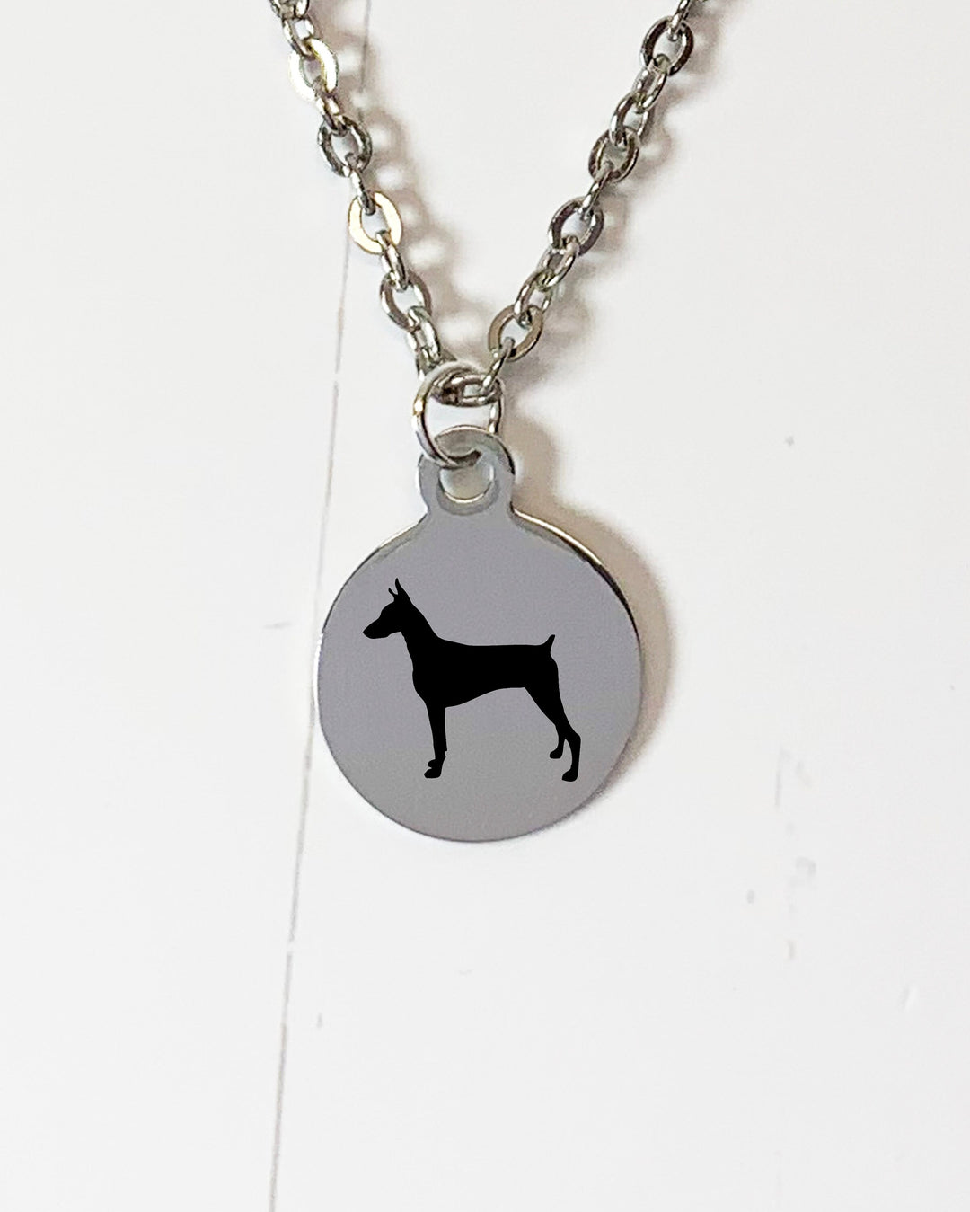 Doberman Pinscher Necklace | Simple Silhouette | Charm Style on 18" Chain | Stainless Steel | Laser Engraved