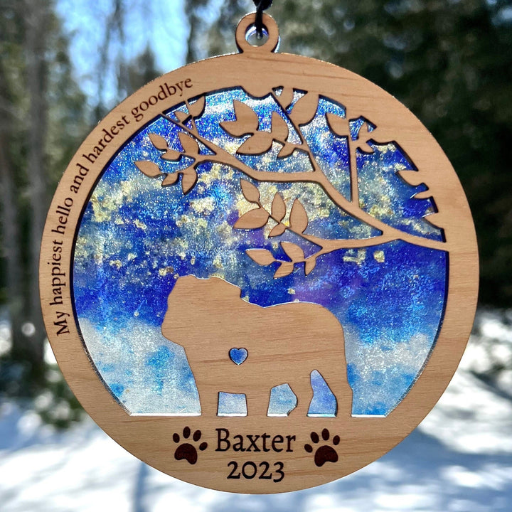 Dog Memorial Suncatcher, Personalized with dog breed, name and date, Available in all breeds