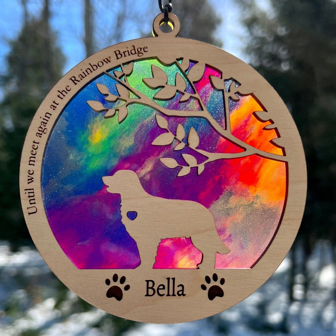 Dog Memorial Suncatcher, Rainbow Bridge, Personalized with dog breed, name and date, Available in all breeds